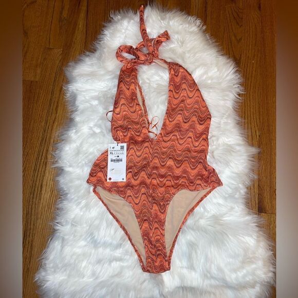 ZARA WAVE PRINT ORANGE HALTER SWIMSUIT SIZE XL - Picture 2 of 5